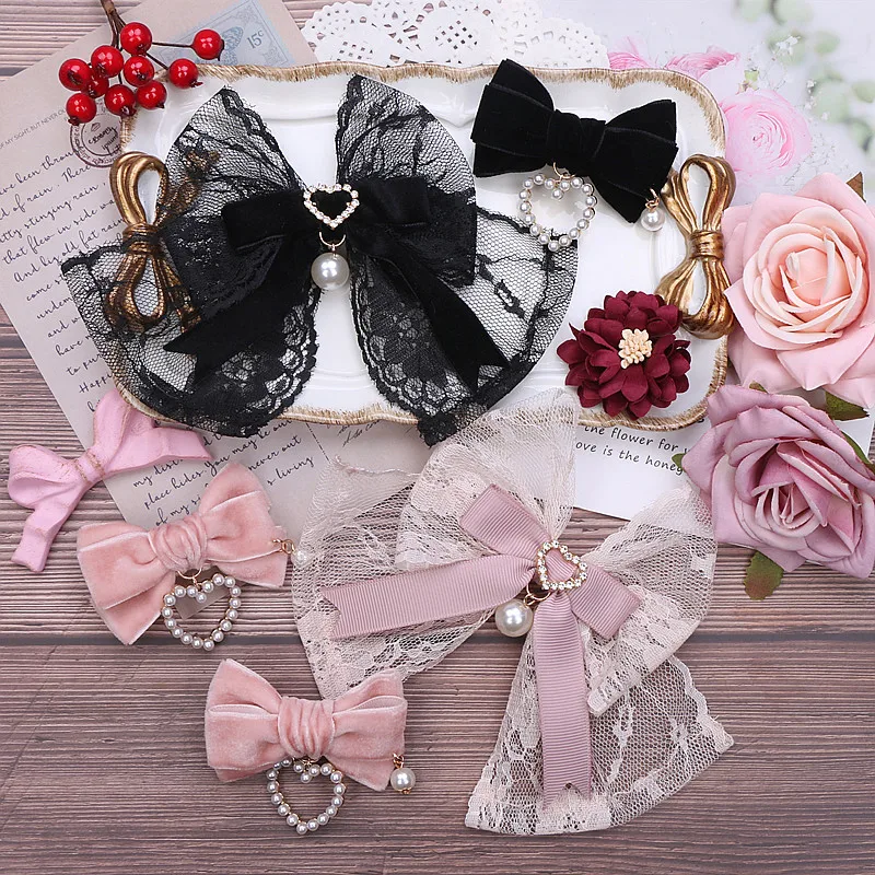 

Заколки для волос ручной работы в японском стиле, шикарный кружевной бант, бархатная подвеска, заколка для волос, аксессуары для волос, большие банты для волос, женские аксессуары y2k