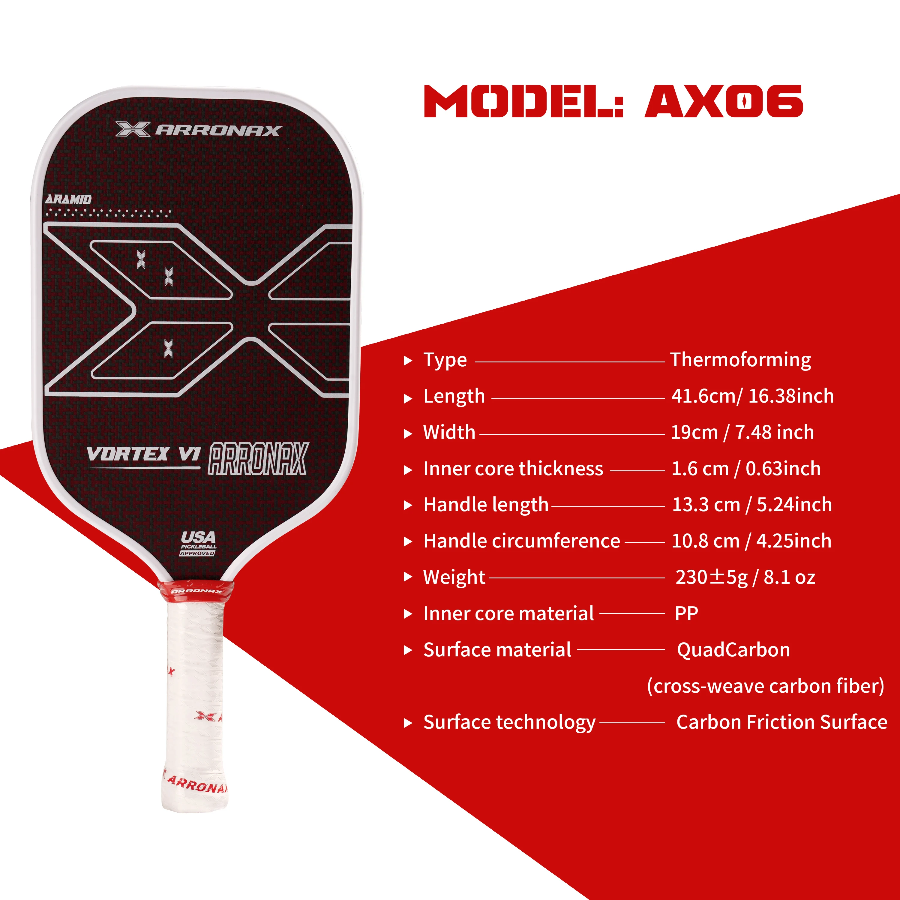 ARRONAX Paleta de Pickleball de fibra de carbono termoformé, tejido cruzado crudo, superficie texturizada giratoria, borde de espuma, agarre ergonómico