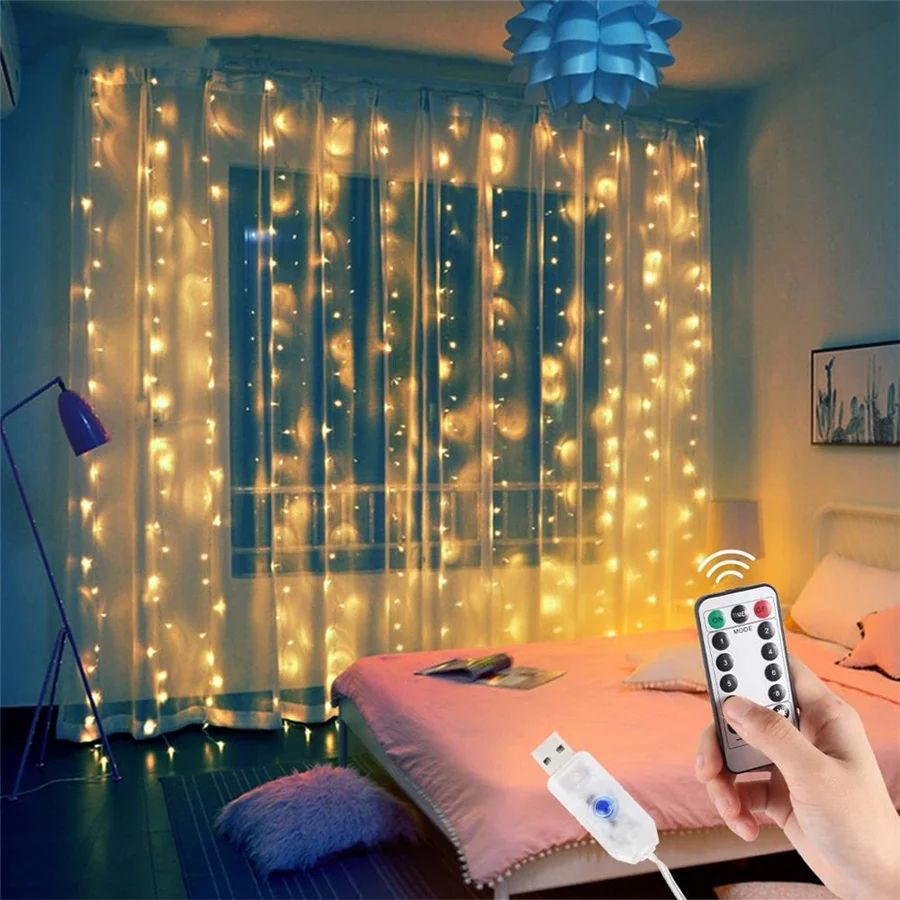 Holiday Lighting LED Christmas Lights USB Remote 3*3/3*2M Copper Wire Curtain String Light for Party Wedding Backdrop Wall Decor