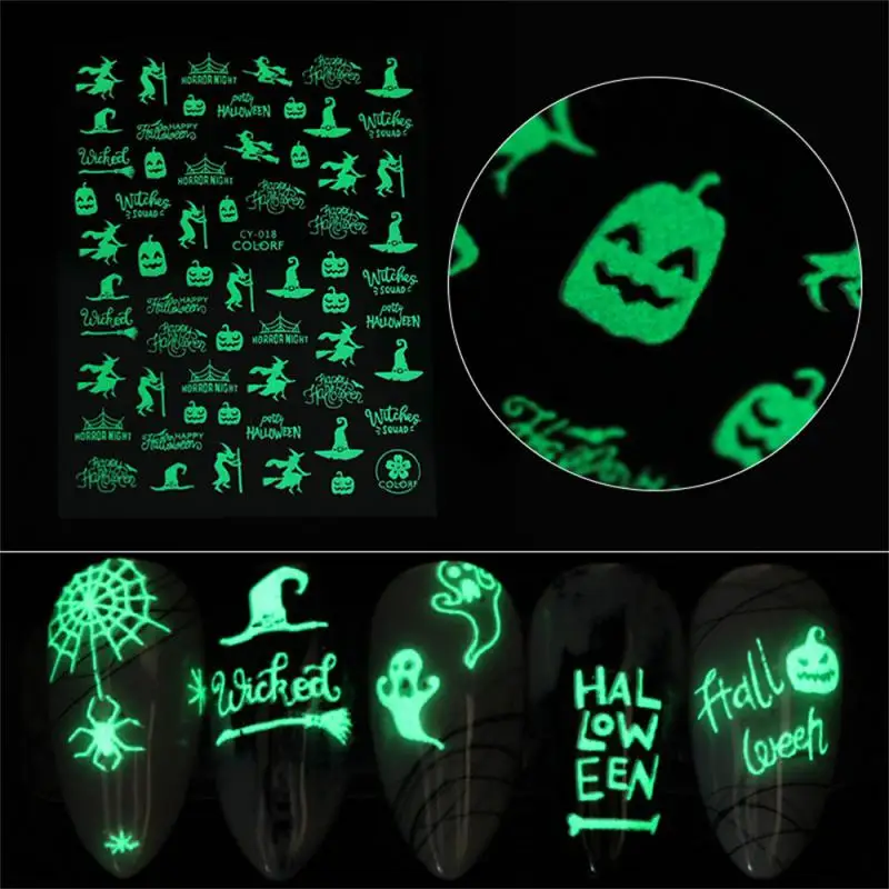 Set Halloween Nail Stickers Decal 3D Glow Halloween Theme Skull Pumpkin Luminous Alien Planet Glow In The Dark Halloween