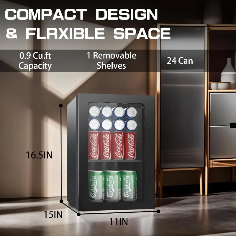 Compact Freestanding Beverage Refrigerator,24 Can/0.9 Cubic Feet Mini Fridge with Reversible Glass Front Door for Soda