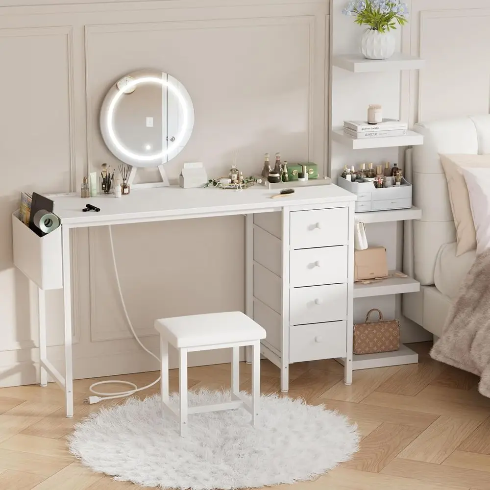 White Vanity Desk with Mirror and Light- Makeup Vanity Set Table with Chair, Storage, Lighted Mirror, 4 Large abric Ders & Power