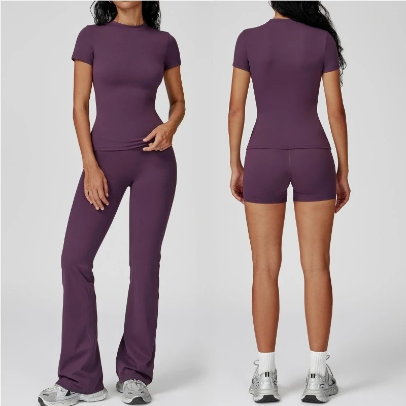 Women's Hair Grinding Yoga Set Slim Fit Beautiful Back Hip Lifting Round Neck Set Outdoor Sports Running Fitness Suit