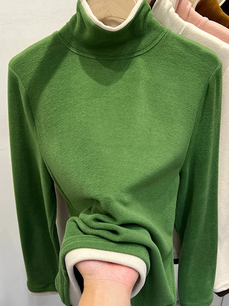 Soft Long Sleeve T-Shirt Women's Double-sided Flocking Velvet Base Shirt Thick Winter Commute Style High Collar Color Block