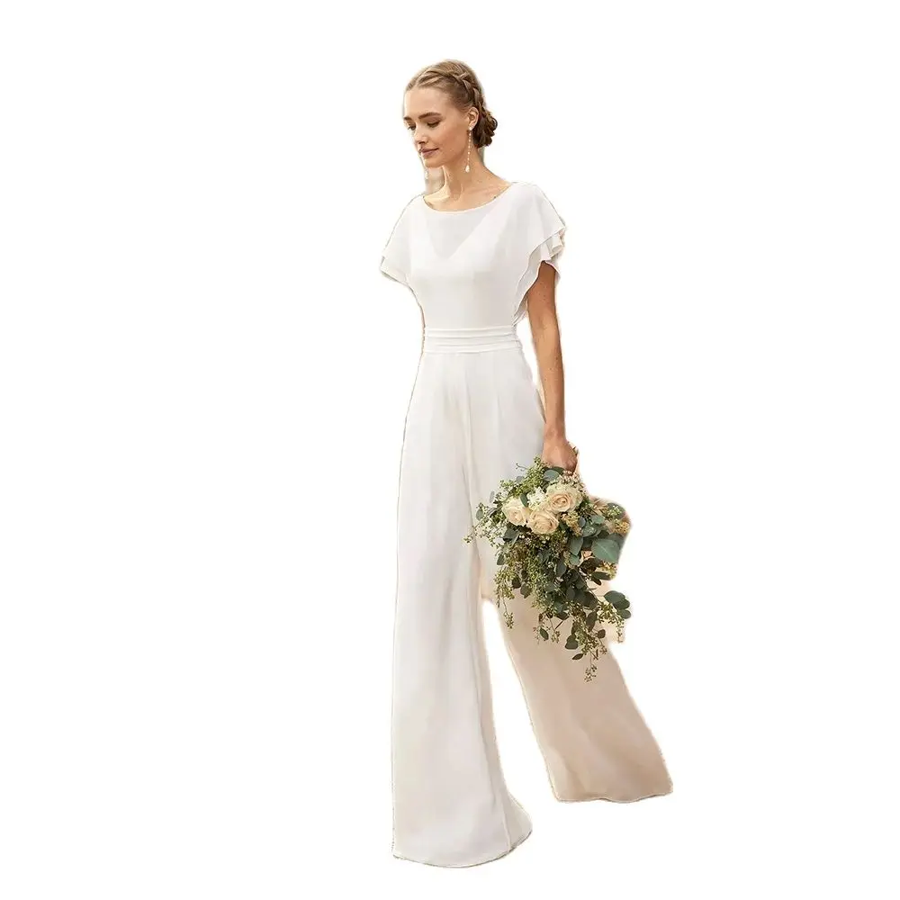 Modern Simple Wedding Dresses with Pants Boho Bridal Gowns Beach Bride Dress Round Neck Short Sleeve Wedding Gowns 2024 Back Out