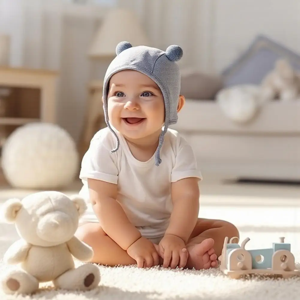 

Double Ball Design Baby Hat Breathable Baby Cotton Hat Infant Soft Baby Hat with Double Ball Design Solid Color for Newborns