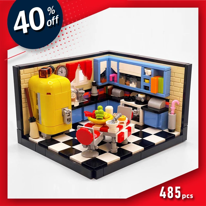 diorama building block kitchen brick set Mid-century kitchen diorama medieval building blocks MOC toys