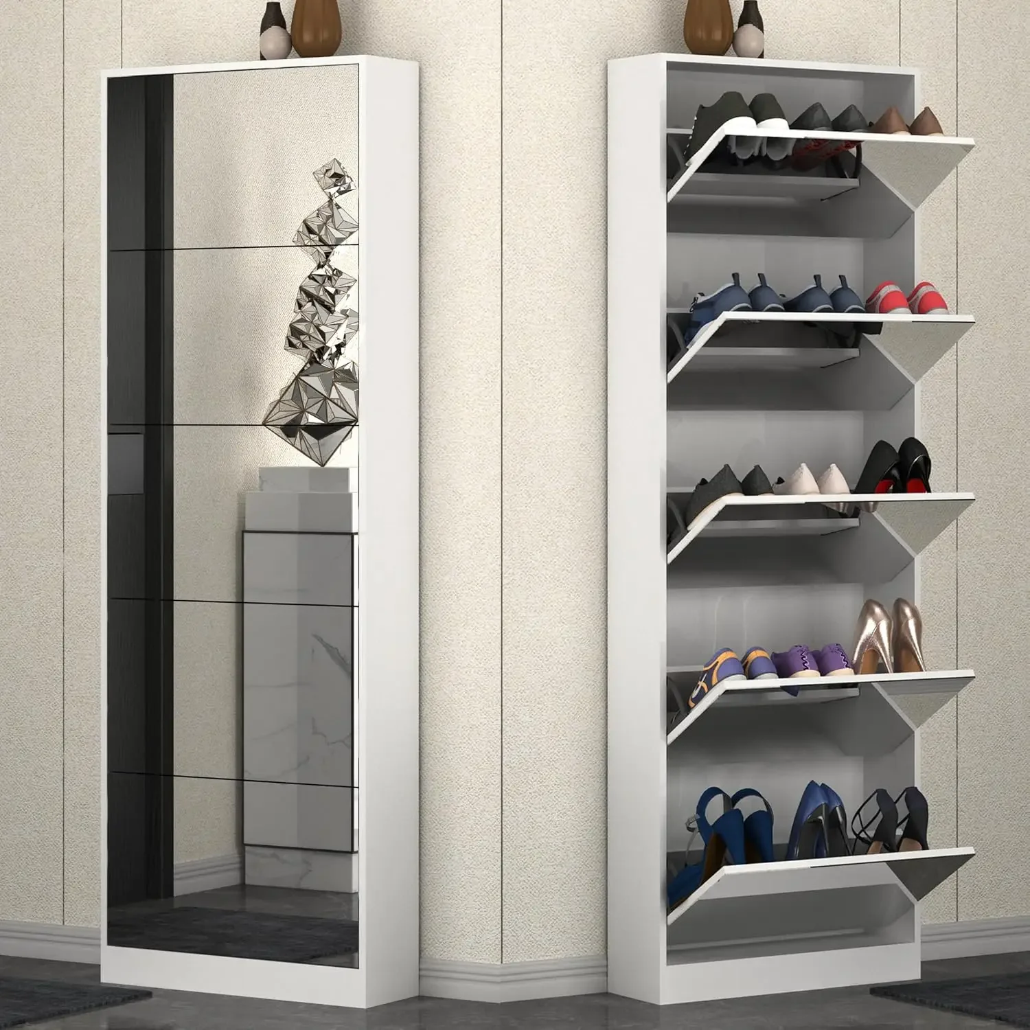 Mirror Shoe Cabinet, Hidden Shoe Storage Organizer with Flip Drawers Door, 5 Tier Free Standing Shoe Rack for Closet, Entrance