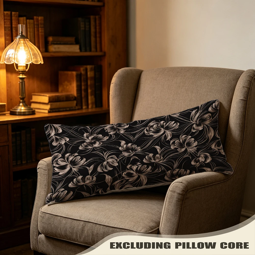 Black White Gothic Floral Print Long Pillow Cover, Mysterious Style, Fireplace Decorative, Polyester, Home Decor, Home Accent