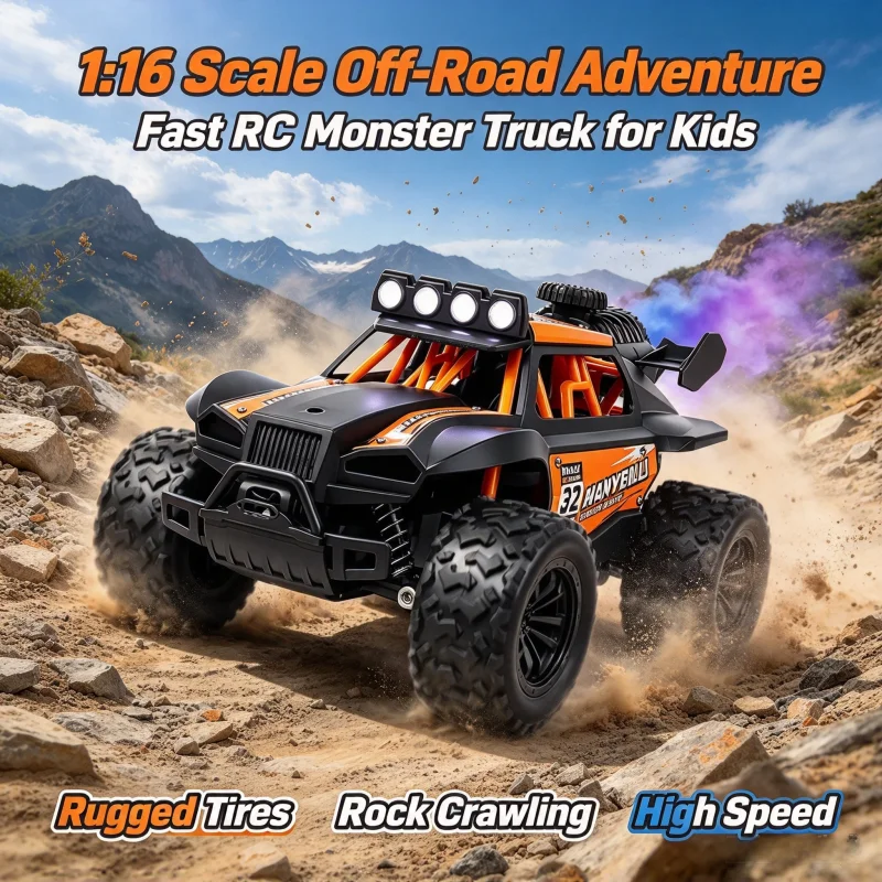 1:16 Scale RC Off Road Car With 4 LED Headlights Color Mist Spray Remote Control All Terrain Truck Shock Absorption Night Racing