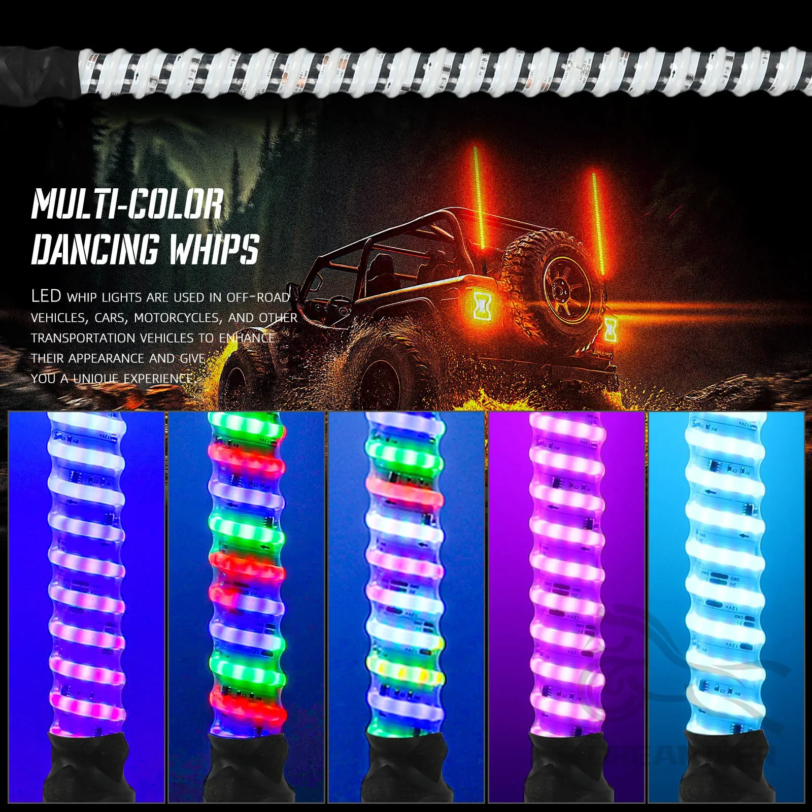 2 قطعة 3FT COB سوط أضواء مع التطبيق التحكم عن بعد دوامة RGB COB مطاردة السياط ضوء ل UTV ATV قارب Can-Am Polaris RZR الخ