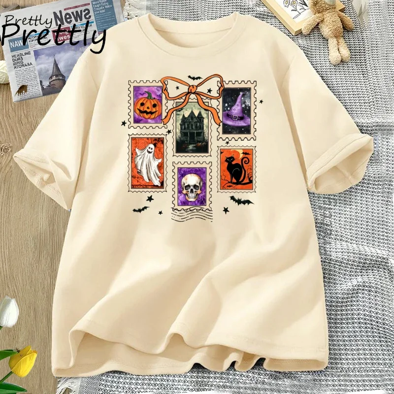

Coquette Halloween Fall Ghost Boho T Shirt Girly Pink Pumpkin Fall Tshirt Spooky Season Tshirt Causal Short Sleeve Woman