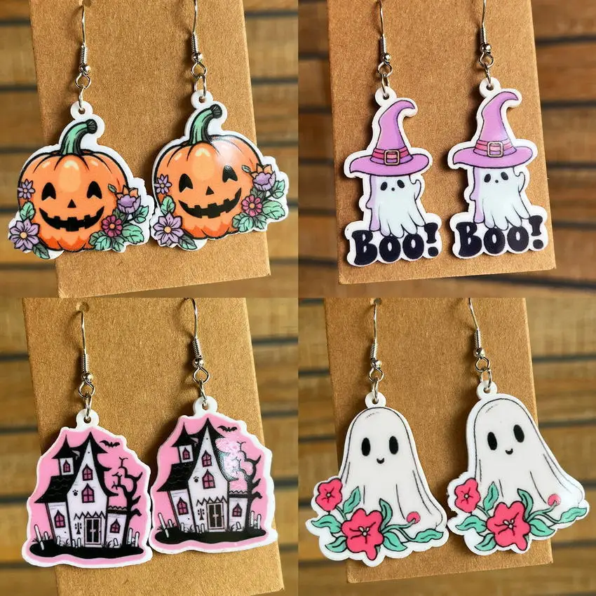 Flower Pumpkin Skull Ghost Bat Darkness Castle White Acrylic Earrings for Women Creative Halloween Earrings Jewelry Wholesale