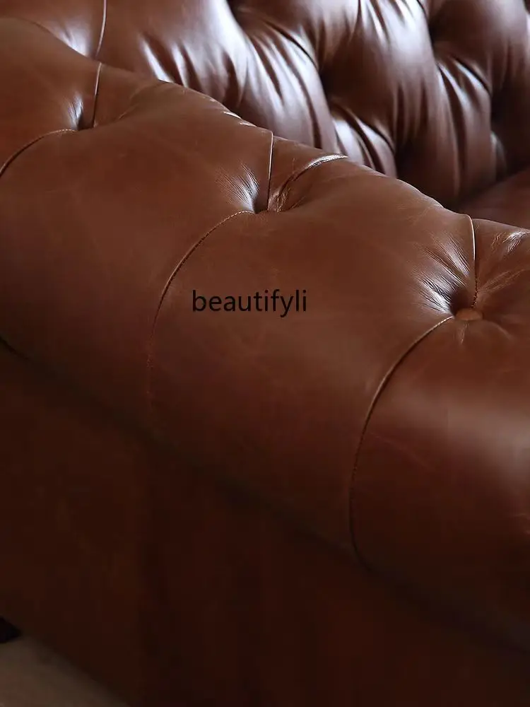 American Retro Leather Sofa Antique Style Pull Buckle Combination Oil Wax Leather Top Layer Leather Sofa