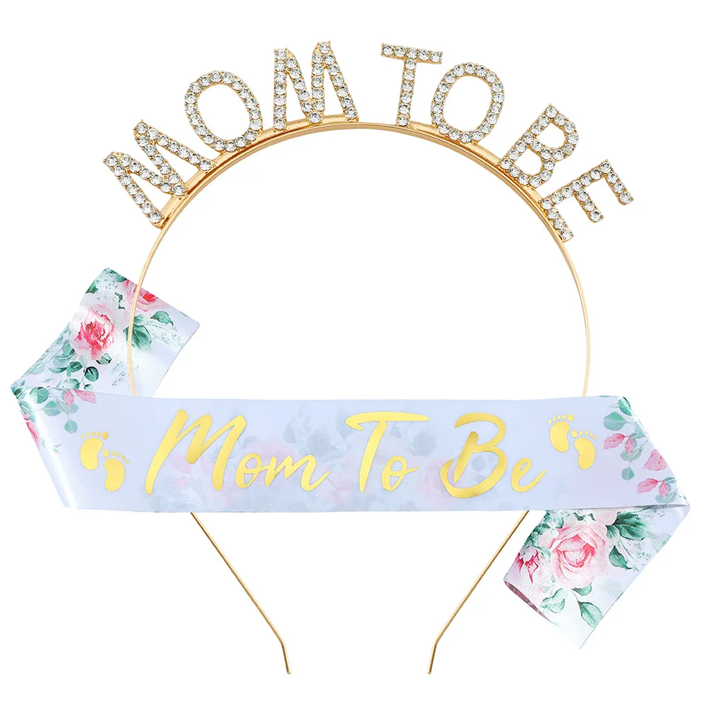 Stirnband und Satin-Schärpe für werdende Mütter zur Gender-Reveal-Babyparty, Partydekoration, Zubehör, Schärpe mit Blumenmuster für werdende Mütter – Detail 12
