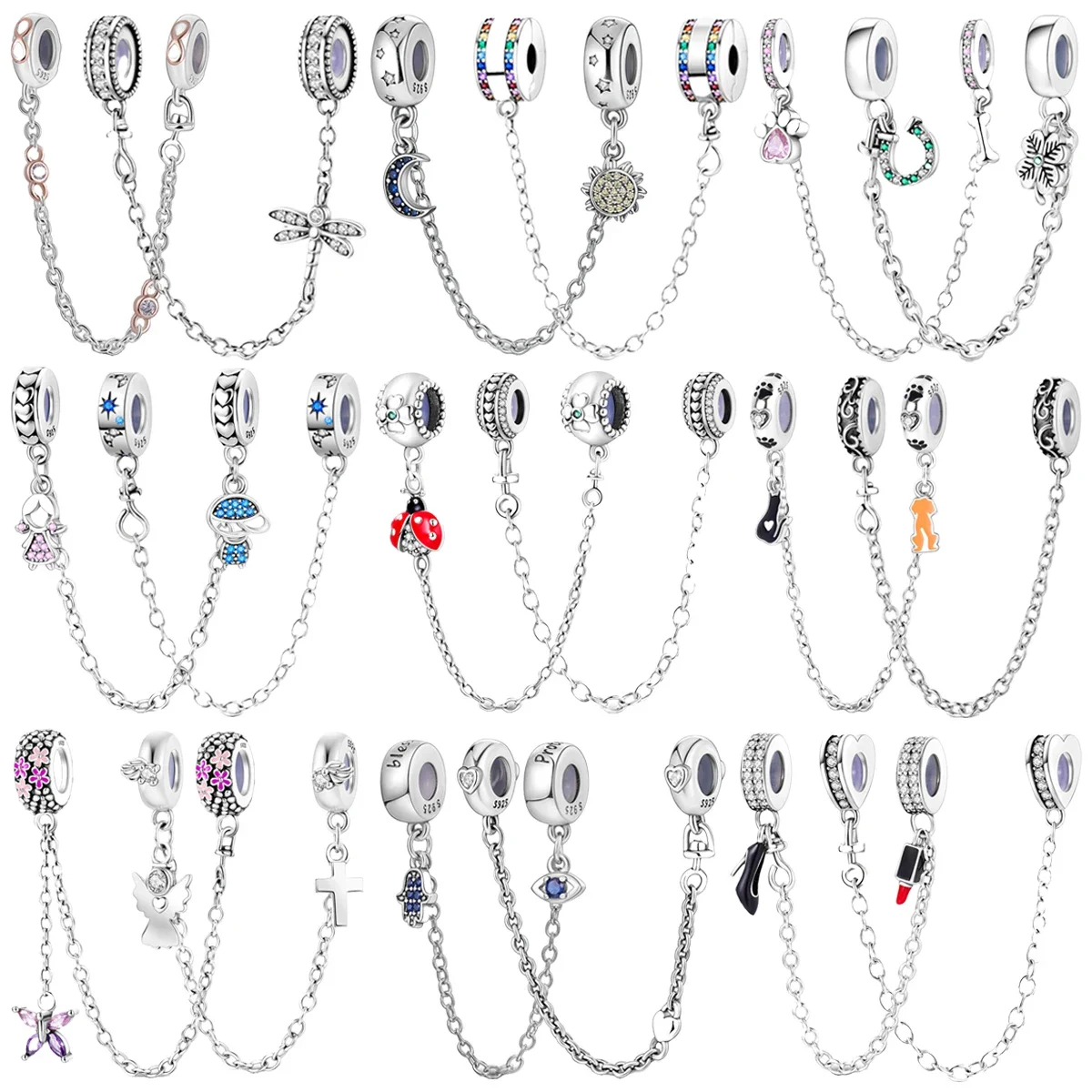 

Original 925 Sterling Silver Safety Chains Spacer Beads Moon Sun Angel Animal Cross Heart Charms for Bracelet Women Gift