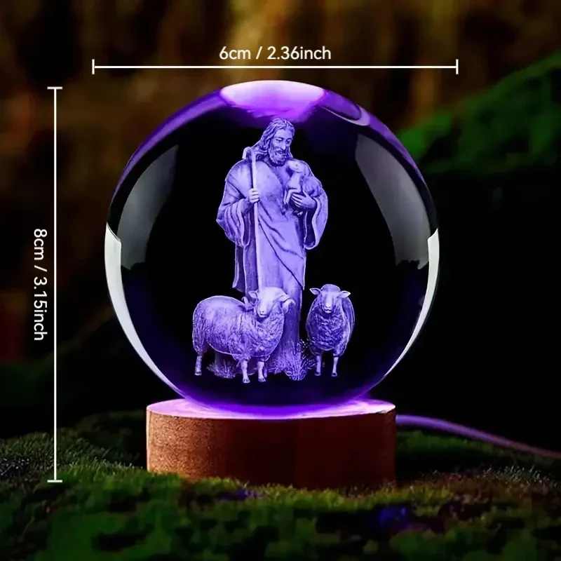 1 PC 3D Shepherd's Crystal Ball Nightlight,เลเซอร์แกะสลักรูปปั้นทางศาสนาของที่ระลึกตกแต่ง,รูปปั้นตกแต่งบ้าน