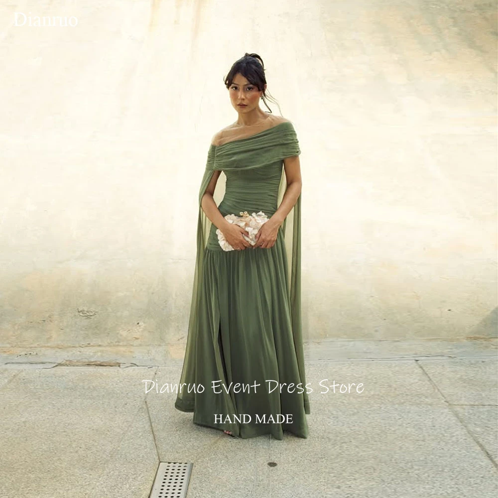 Dianruo-vestido De noche con abertura lateral, color verde oliva, línea A, Vestidos fluidos De fiesta con hombros descubiertos, Vestidos De gasa De Gala personalizados