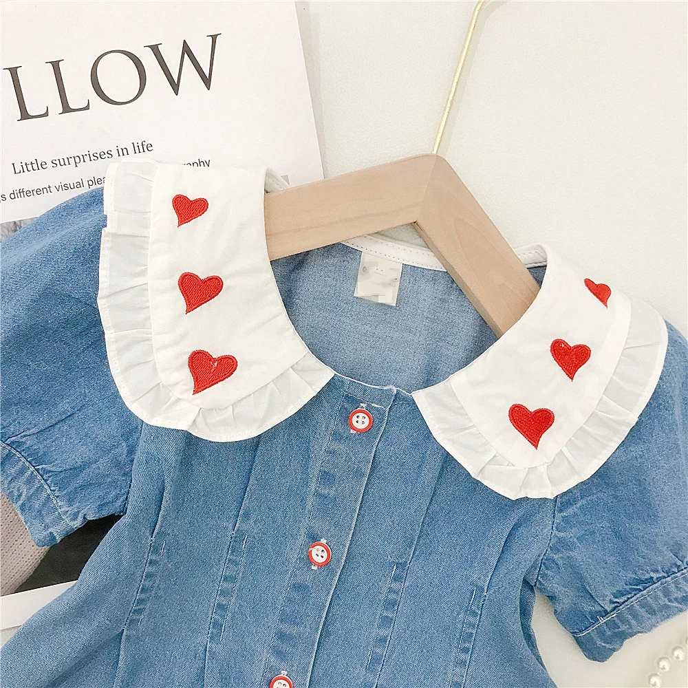 Fashion Kids Girls Denim Dress 2024 Summer Cute Love Print Peter Pan Collar Single-Breasted A-Line Dresses Children Clothing