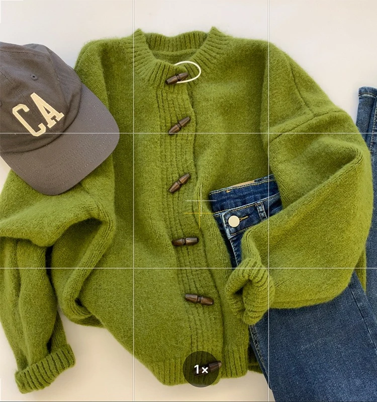 Cardigã Feminino de Tricô Grosso com Pelo Sintético, Manga Longa, Gola Redonda, Botões de Chifre Verde, Agasalho Quente para ...