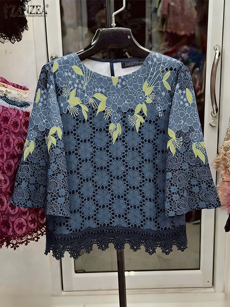 

ZANZEA Fashion Women Blouses 3/4 Sleeve Floral Print Vintage Tops 2025 Autumn O-Neck HolidayShirts Casual Female Blusas Clothing
