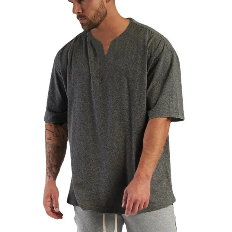 Mens Oversized Small V Neck T Shirt Dropped Shoulders Hip Hop Loose Gym Clothing Half Sleeve Cotton Fitness Bodybuilding T-shirt