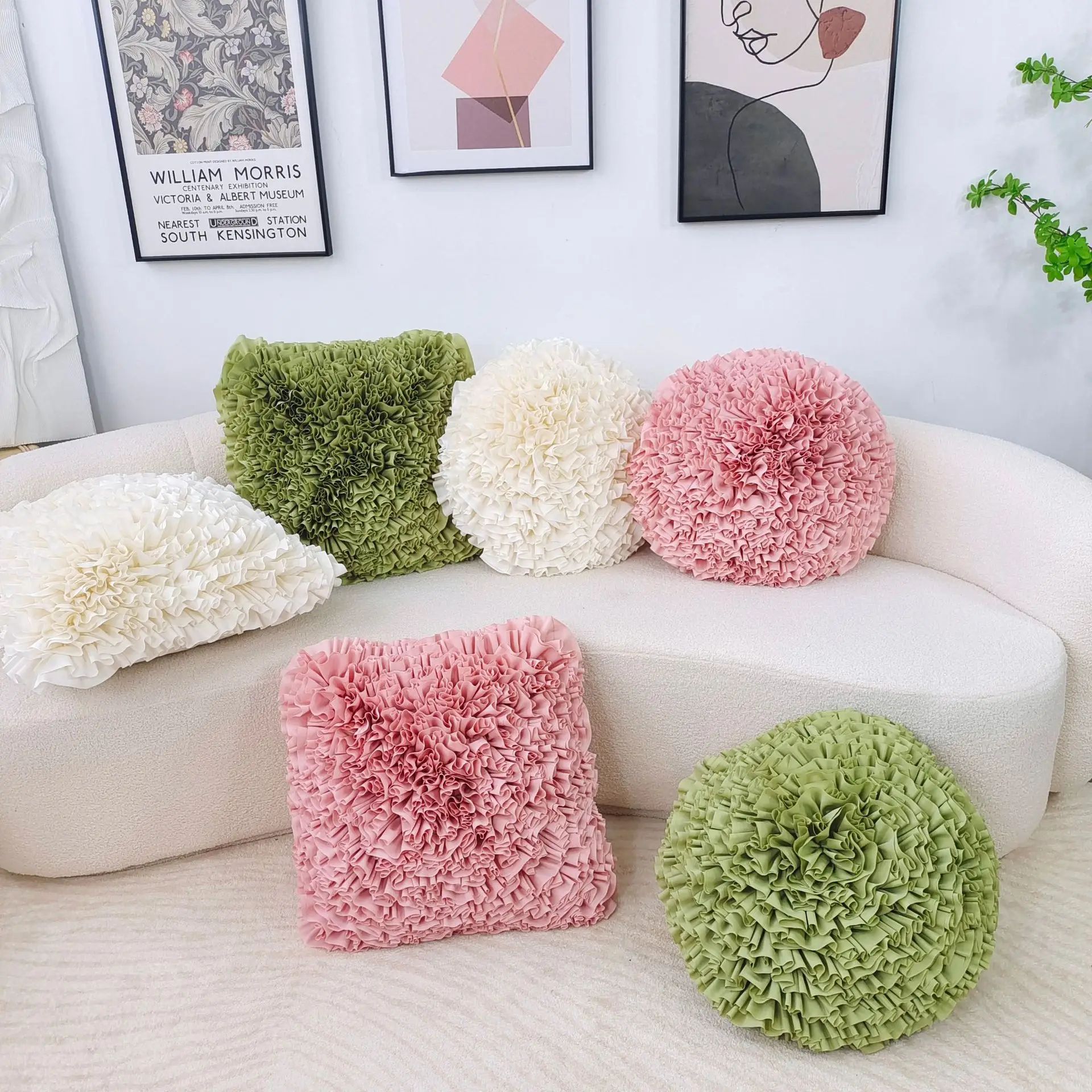 

2 Pieces of Flower Pillow Nordic 3D Handmade Car Sofa Cushion Waist Pillow Solid Color Pillow Cover (square+round)