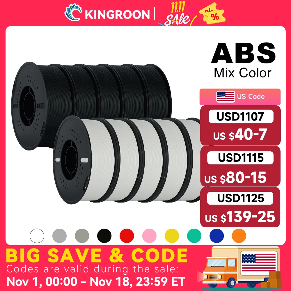 KINGROON 5KG(11LBS) ABS Filament 1.75mm High Strength Toughness 3D Printer Material Black White Multicolor ABS 1kg*5 Roll