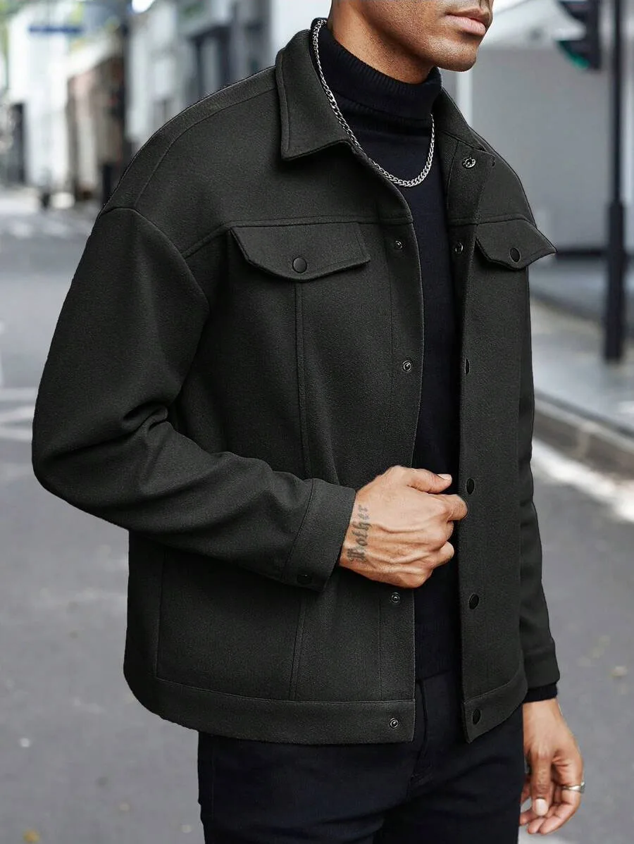Men Wool Blend Lapel Work Jacket Faux Double Chest Pockets Button Loose Casual Street Coat Spring Autumn Winter Daily Outerwear view 3