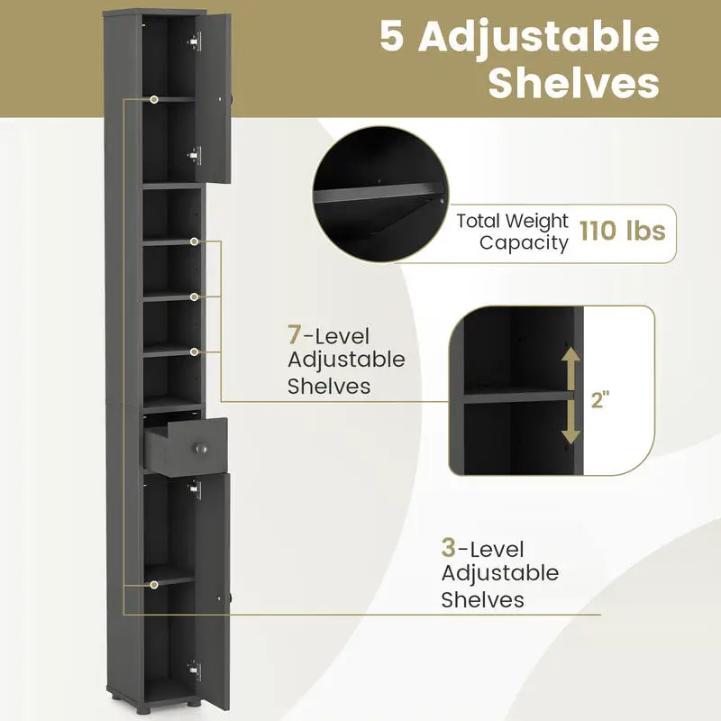 

Freestanding Slim Bathroom Cabinet with Drawer and Adjustable Shelves-Gray