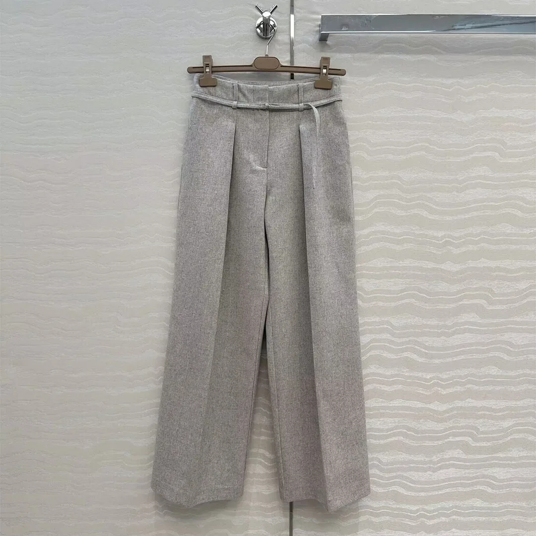 

2025 New Fashion Autumn Elegant Fashion Woolen Suit Pants Women High Waist Belt Pleated Loose Casual Trousers