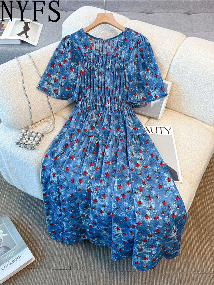 

NYFS 2025 Summer New Korean Blue florals Woman Dresses Vestidos Robe Elbise Loose Plus Size Short Sleeve High waist Long Dress