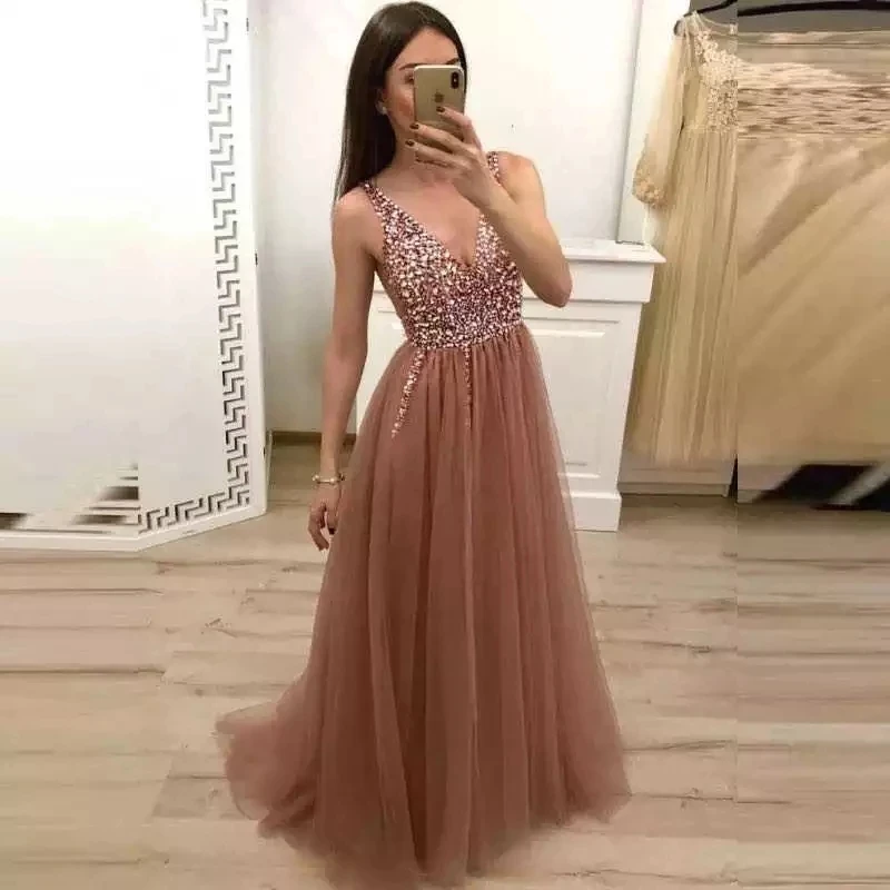 

ANGELSBRIDEP Spring Evening Party Dresses Vestidos De Festa Bling Bling Beading Crystals Floor-Length Special Occsion Prom Dress