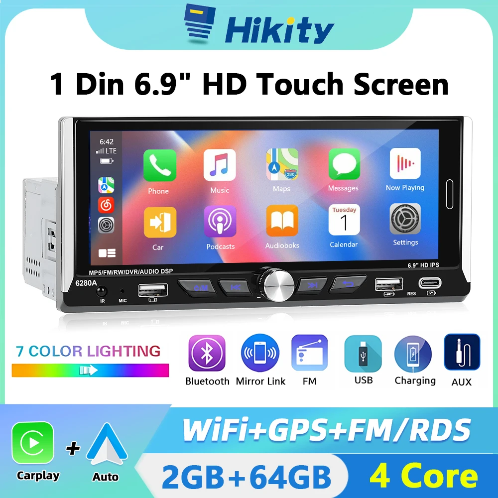 Hikity Android 1 Din GPS Car Stereo Radio 6.9'' Car MP5 Player Carplay Android Auto GPS Navigation Player TF USB Rear Camera