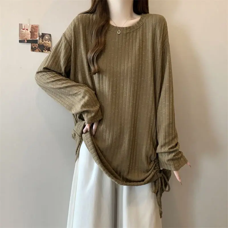 

Casual Solid Color Pullovers Women's Clothing Loose Stylish Folds Drawstring Spring Autumn Round Neck Basic Long Sleeve T-shirt