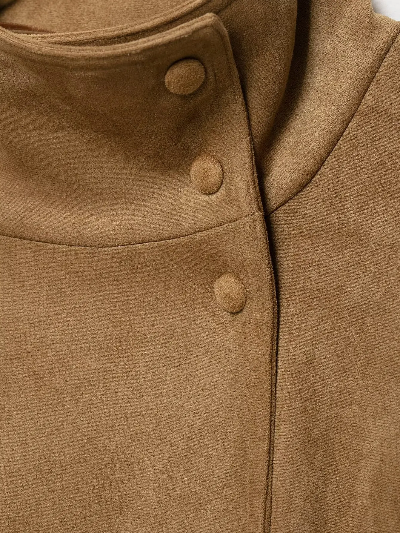 Damen Retro Herbst-Urlaubs-Kurzmantel mit Stehkragen, asymmetrischem Knopfleisten-Design, langen Ärmeln, lässiger Herbst-Mantel, einfarbig, locker geschnitten – Detail 11