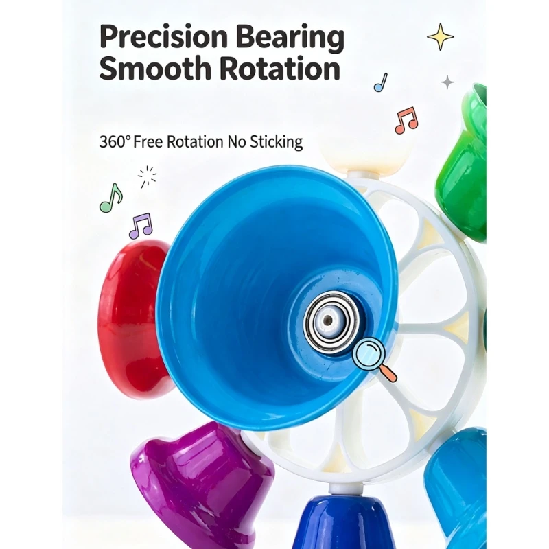 Music Toy for Child Rhythm Learning with Color Coded Eight Note Bells, Tap and Spin Handbell Instrument for Parent Child Music