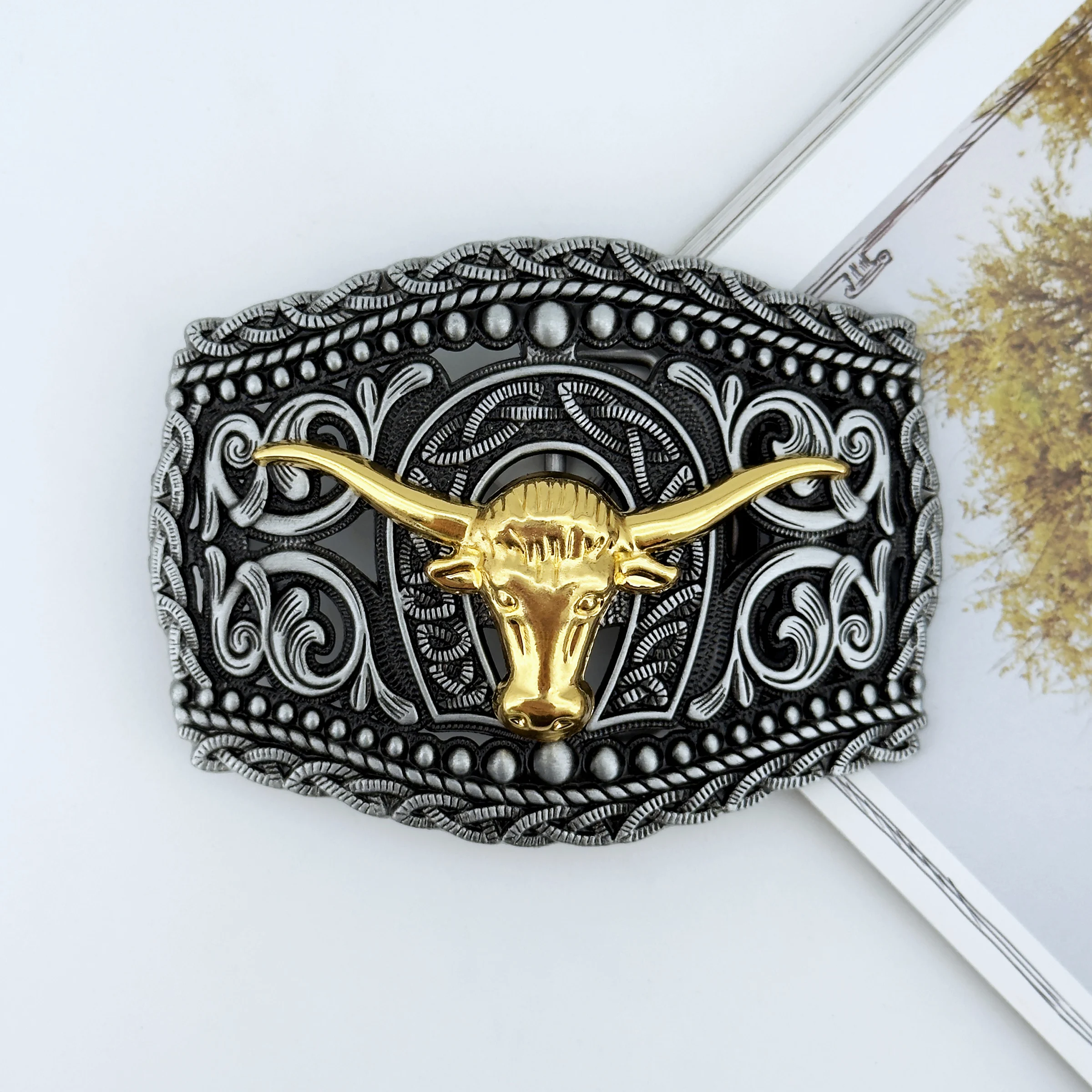 Placa Base de remache de aleación de Zinc con patrón de cabeza de toro dorado, hebilla de cinturón de cuero de vaca personalizada, estilo occidental, 1 ud.