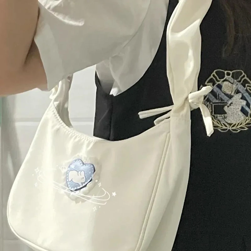Women Fashion Folds Shoulder Bag Korean style Girl Cute Love Heart Rabbit Shopping Bag Tote Handbag image 2