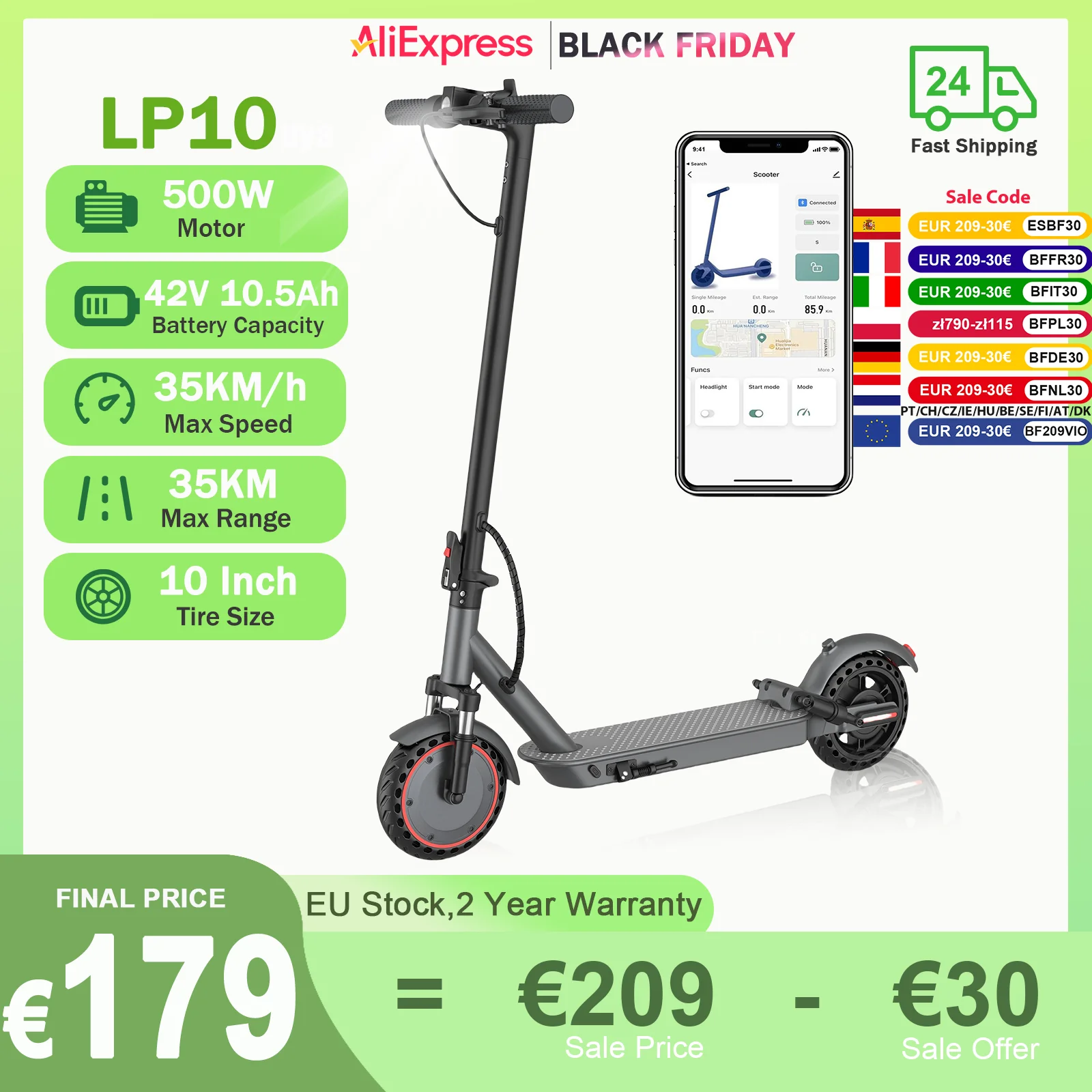 AOVOPRO LP10 500W Scooter électrique 42V 10.5Ah 35 KM/H 35KM longue portée 10 pouces avec Absorption des chocs scooter pliable intelligent