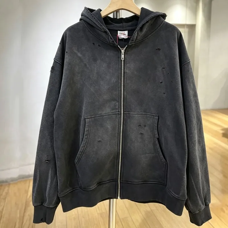 Y2K Hiphop Street Blank Jacket Vintage Distressed Washed Worn Black Saint Zipper Hoodie Men Women Fleece Oversize Hoodys