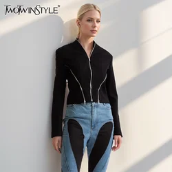 TWOTWINSTYLE Blazer con cerniera Patchwork solido per le donne colletto dentellato manica lunga Slim irregolare Streetwear Blazer moda femminile