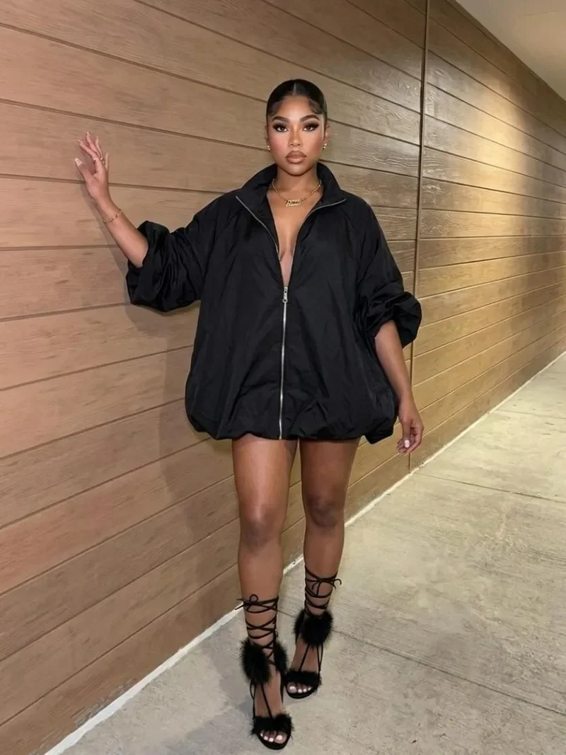 Solid Loose Oversized Bud Jacket Women Fashion Turn Down Collar Lantern Long Sleeve Casual Long Coat Streetwear Outerwear