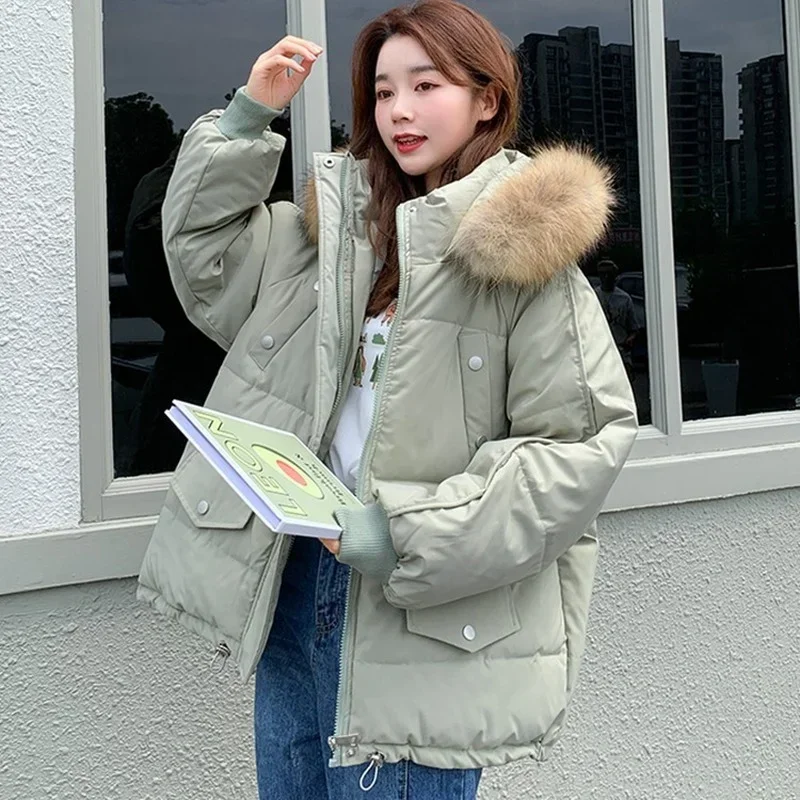 Korean Solid Color Parkas Simple Student Loose Cotton Coats Winter Fur Collar Hooded Thicken Warm Jackets Women Bread Clothing