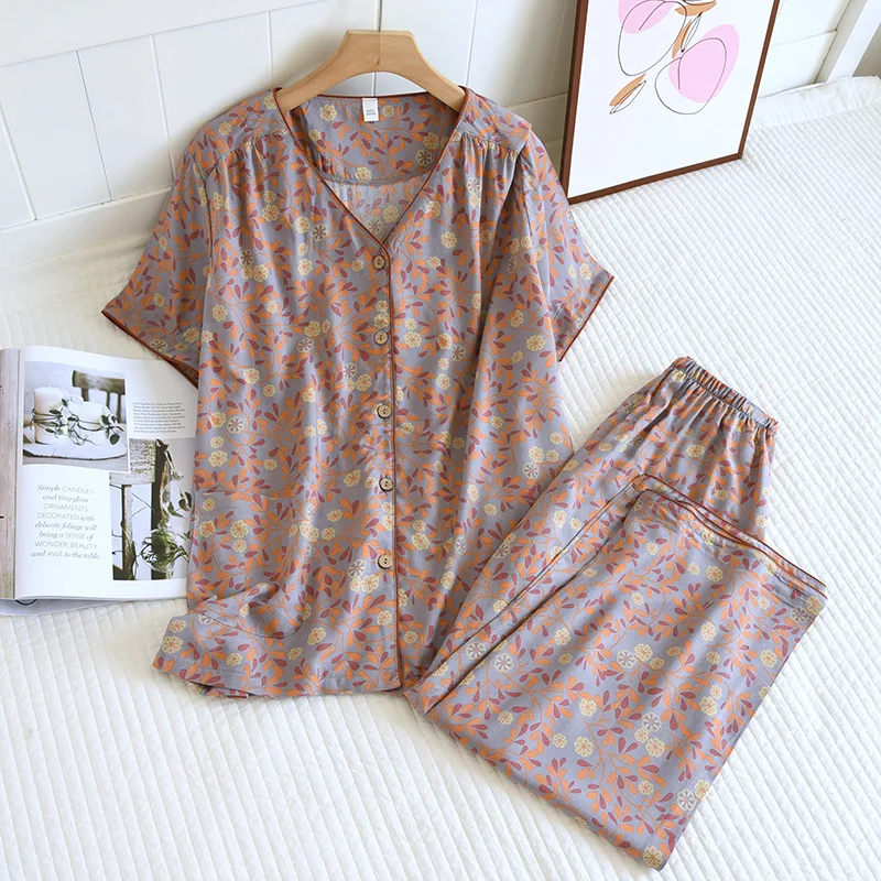 Summer Thin V-Neck 2Pieces Pyjamas Set Women Viscose Sleepwear Floral Print Short Sleeve Ladies Lounge Wear Home Suit