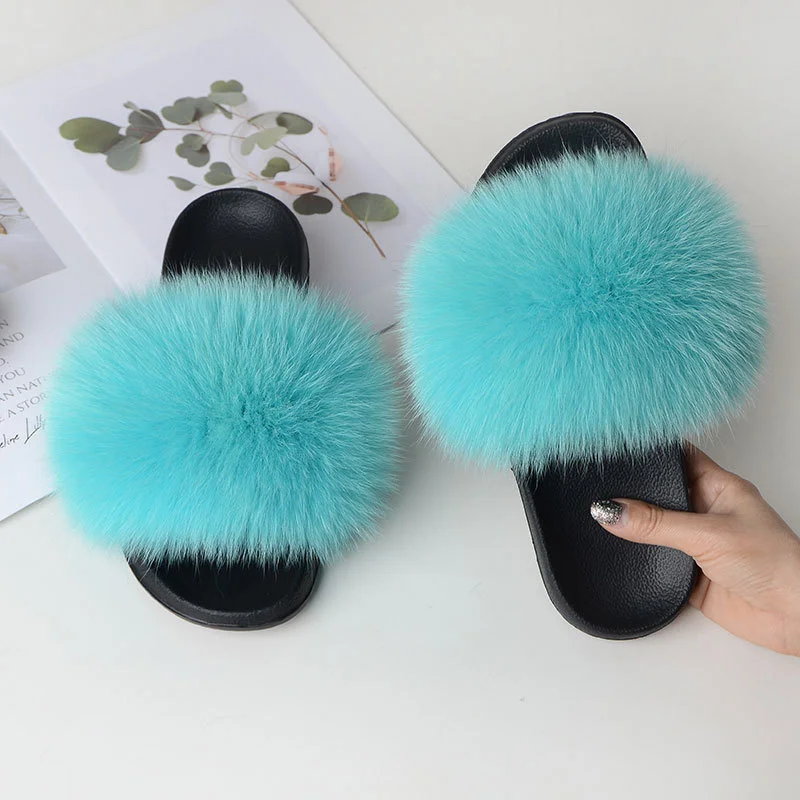 Fur Slippers For Women Summer Fluffy Comfortable Natural Plush Fox Fur Slides Flat Sandals High Quality House Shoes Flip Flops