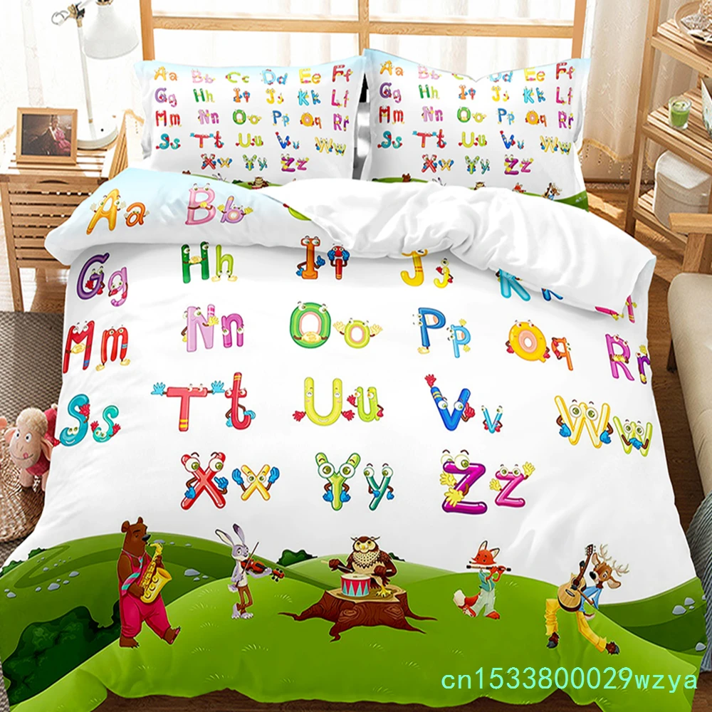 Alphabet Duvet Cover Set Colourful Letter Pattern Polyester Comforter Cover King Queen Full Size For Kids Boys Girls Bedding Set