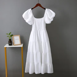 Elegant Solid Long Dresses Summer New Sexy Backless Slash Neck Elastic Dress Women High Waist Puff Sleeve Maxi Dress Elegant