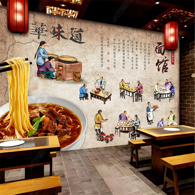 Custom Noodle Shop Wall Paper 3D Ramen Restaurant Snack Bar Background Commercial Industrial Self-adhesive Mural Wallpaper