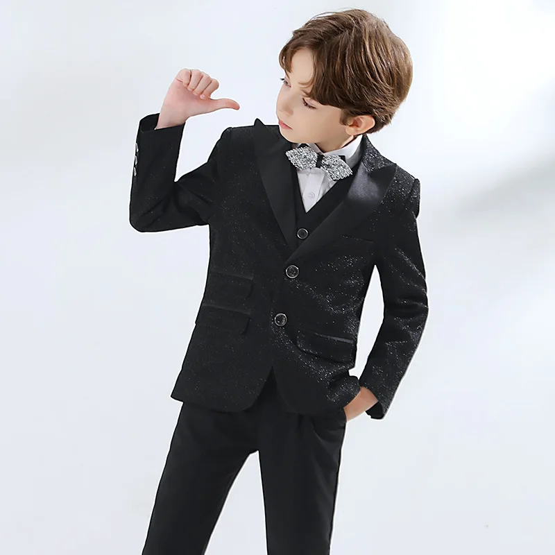 

Children Shining Luxurious Jacket Vest Shirt Pants Bowtie 5PCS Piano Party Dress Boys Photograph Suit Kids Performance Costume